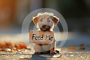 Stray puppy with a "Feed me" sign on the street. Concept of stray care, animal welfare, street dogs, pet hunger, feeding