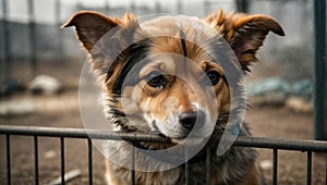 Stray puppy sits behind bars in a dog shelter and waiting for the owner for adoption