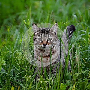 Stray tabby cat blends into green grass, seeking shelter