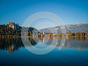 Straza hill above Lake Bled in Slovenia under the blue sky