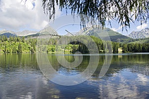 Strbske pleso, High Tatras mountains, Slovakia, early summer morning, nature reflections, skijump construction