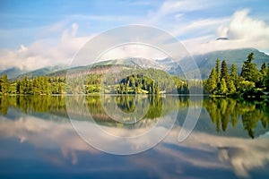 Strbske Pleso - mirroring trees on the water surface with a diving platform.