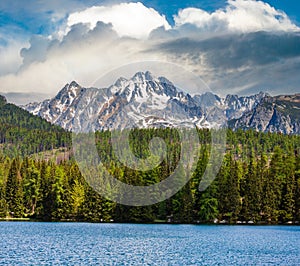 Strbske Pleso mountain lake spring view, Slovakia