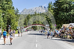 Strbske Pleso, Slovakia - July 16, 2023: Summer in High Tatras Mountains. People relaxing at souvenir market near Strbske Pleso