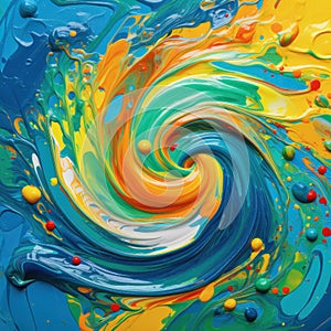 Streaks and drops of colored paints twisted as spiral. Colored paint abstract creative background.