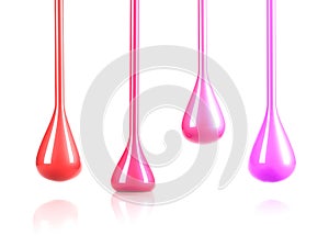 Streaks of multi-colored nail polish or paint in the form of drops on white background. Nail polish dripping. Liquid