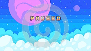Stream banner with phrase Paused. Planets and clouds on starry sky