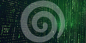 stream of binary code on screen. abstract green background. data and technology, decryption