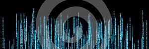 Stream of binary matrix code numbers on the screen panorama 3d rendering