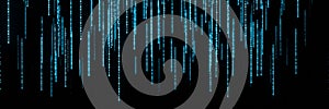 Stream of binary matrix code numbers on the screen panorama 3d rendering