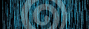 Stream of binary matrix code numbers on the screen panorama 3d rendering