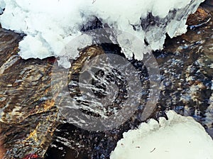 Stream bizarrely shaped frozen water riverside