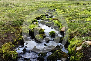 Stream with bright green moss and stones in it on FimmvÃ¶rduhals mountain pass, Iceland