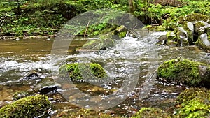 Stream, creek in the mountains, spring, green moss on stones, water flowing over boulders