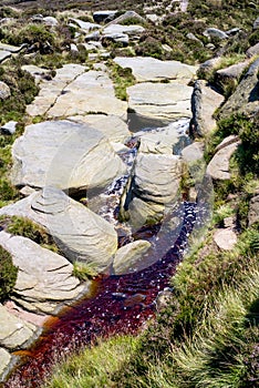 Stream, fast flowing, running down hillside in Peak District, Derbyshire, United Kingdom.