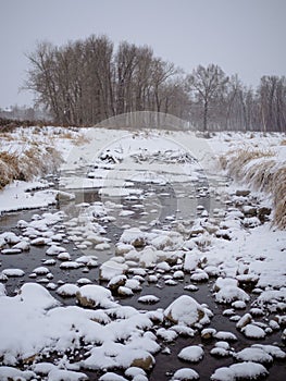 Stream flowing in frozen field on gloomy winter day