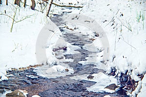 Stream flowing in winter forest