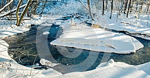 Stream flowing in winter forest