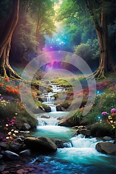 A stream flows through an enchanted forest. Fantasy landscape.