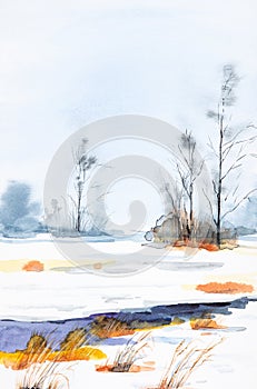 The stream flows through grass and bare trees. Winter watercolor illustration