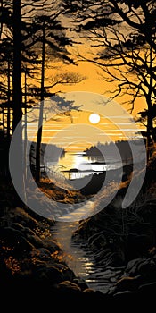 Noir Comic Art: Sunset Over River And Trees photo