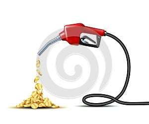 Stream of gold coins pours from the Fuel handle pump nozzle with hose