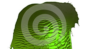 Stream of green liquid like juice falling on white background - screen and dripping down over white. 3d render with