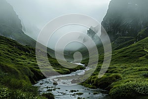 A stream meanders through a vibrant green valley with misty mountains in the background, A misty mountain range shrouded in fog