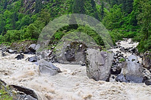 Stream meeting river Bhagirathi among Himalayan Mountains, Uttarakhand, India