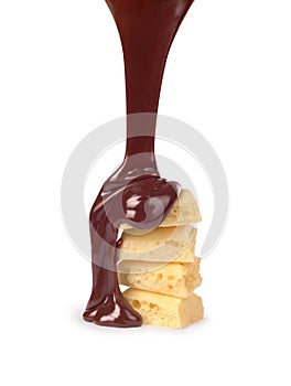 A stream of melted chocolate on a white background