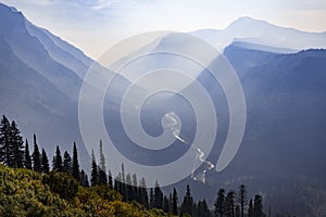 Stream through a misty mountain valley in Montana.