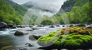 a stream with mossy rocks and water