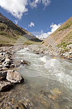 Stream of mountain river. Caucasus valley.