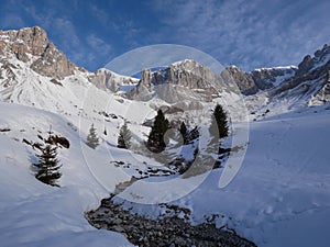 Stream mountains Valley in italian Dolomites in winter
