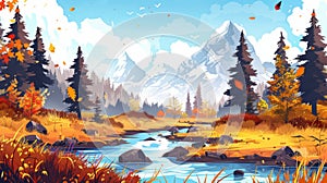 Stream near meadow and falling leaves from trees in autumn forest and mountain nature modern cartoon landscape. Orange