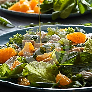 A stream of olive oil pours into the prepared salad with natural green vegetables, chicken pieces, orange slices in a