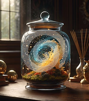 A stream of particles swirl at the magic coral inside the closed jar