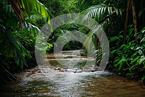 A stream peacefully flows through a verdant forest, creating a tranquil and captivating scene, River flowing freely in a