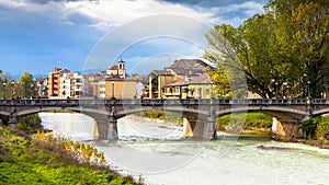 Stream and Ponte Verdi bridge in Parma city photo