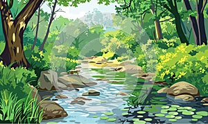 A stream of river creek flowing across a dense green forest, vector illustration