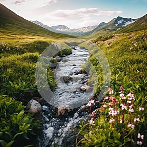 A stream running through a lush green valley. Generative AI image.
