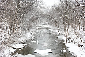 Stream running through snow covered winter forest