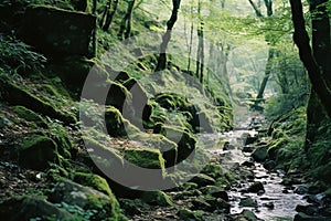 a stream runs through a lush green forest