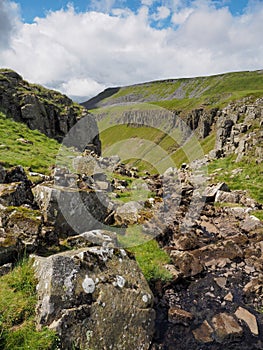 Stream runs over High Cup Nick, Eden Valley, North Pennines, Cumbria