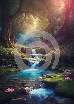 A stream with small waterfalls flows through an enchanted forest.