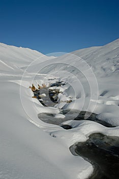 Stream in snowy landscape