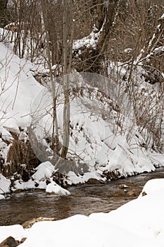 Stream in the snowy mountains. Mountain river. Carpathians. Ukraine. Selective focus