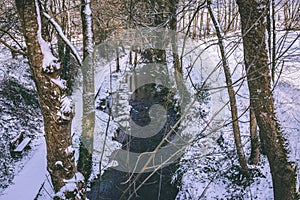 Stream surrounded by trees and roads covered in snow during storm Emma.