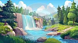 Stream of water falls off stones, a lake, green trees, grass and path in this summer forest landscape with cascade