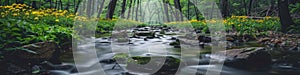 A stream of water flowing through a forest with rocks and flowers, AI